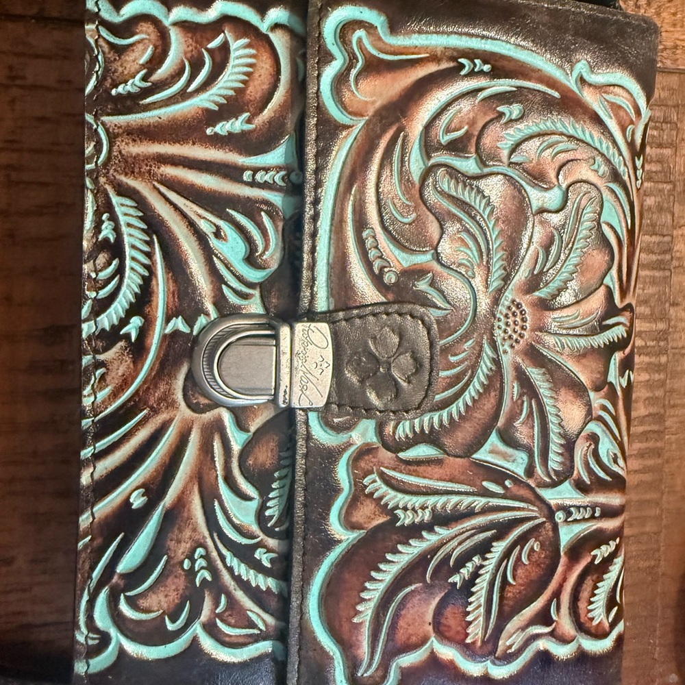 PATRICIA NASH LOCRI TOOLED LEATHER CROSSBODY PURSE NWT TURQUOISE & DK BROWN BAG